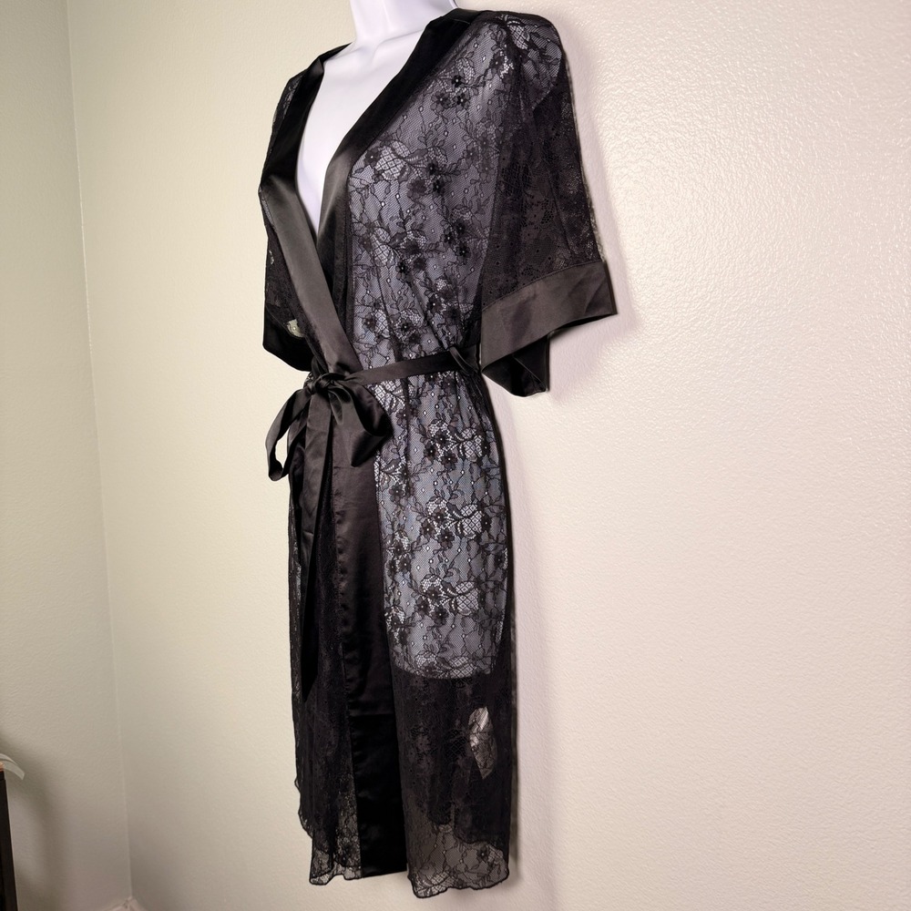 Soma Black Floral Lace Robe Satin Trim Sheer Belted Wrap Kimono Lingerie Medium - Picture 2 of 9